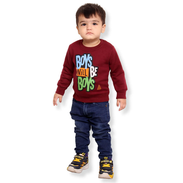 Kids Winter Maroon Sweatshirt- Boys Will Be Boys - Zaarzi Pvt Ltd