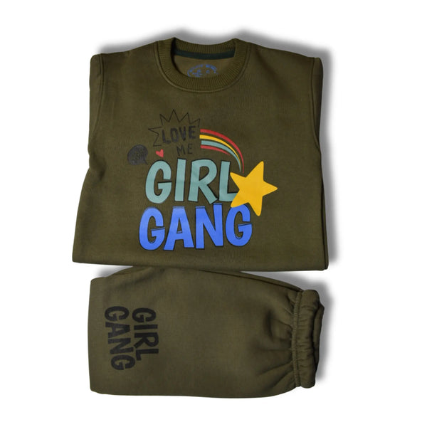 Olive Green Premium Fleece- Girl Gang Printed Tracksuit